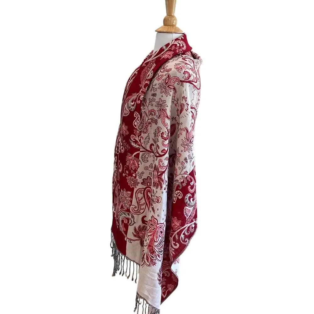 Large Burgundy, Tan Floral Wrap / Shawl / Scarf Fringe, Boho, 26 by 73